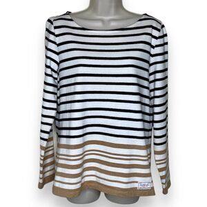 Talbots Boat Neck Long Sleeve Stripe Cream Navy Tan Cotton Top Women Size Small